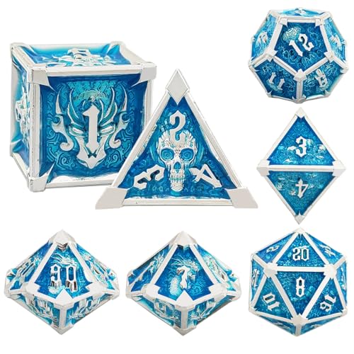 7PCS Solid Metal DND Würfel Set, Drachenschädel Rollenspiel D&D Würfel, DND Metall Würfel Set, Polyeder Metall Würfel Set für Pathfinder Warhammer RPG Brettspiele Silber Blau von YlobdolY