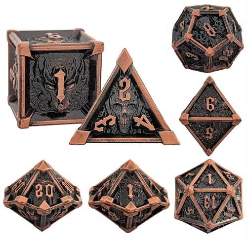 7PCS Solid Metal DND Würfel Set, Drachenschädel Rollenspiel D&D Würfel, DND Metall Würfel Set, Polyeder Metall Würfel Set für Pathfinder Warhammer RPG Brettspiele Vintage Bronze von YlobdolY