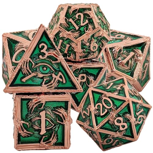 7PCS Solid Metal DND Würfel Set, Hand Eye Schädel Rollenspiel D&D Würfel, DND Metall Würfel Set, Polyeder Metall Würfel Set für Pathfinder Warhammer RPG Brettspiele Bronze Grün von YlobdolY