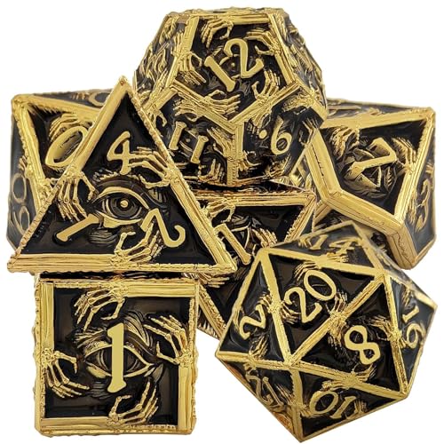 7PCS Solid Metal DND Würfel Set, Hand Eye Schädel Rollenspiel D&D Würfel, DND Metall Würfel Set, Polyeder Metall Würfel Set für Pathfinder Warhammer RPG Brettspiele Golden Black von YlobdolY