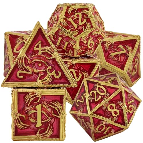 7PCS Solid Metal DND Würfel Set, Hand Eye Schädel Rollenspiel D&D Würfel, DND Metall Würfel Set, Polyeder Metall Würfel Set für Pathfinder Warhammer RPG Brettspiele Golden Red von YlobdolY