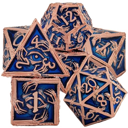 7PCS Solid Metal DND Würfel Set, Hand Eye Schädel Rollenspiel D&D Würfel, DND Metall Würfel Set, Polyeder Metall Würfel Set für Pathfinder Warhammer RPG Brettspiele Kupfer Blau von YlobdolY