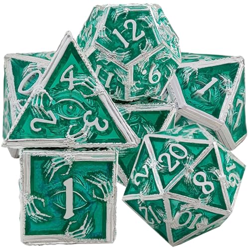 7PCS Solid Metal DND Würfel Set, Hand Eye Schädel Rollenspiel D&D Würfel, DND Metall Würfel Set, Polyeder Metall Würfel Set für Pathfinder Warhammer RPG Brettspiele Silber Grün von YlobdolY