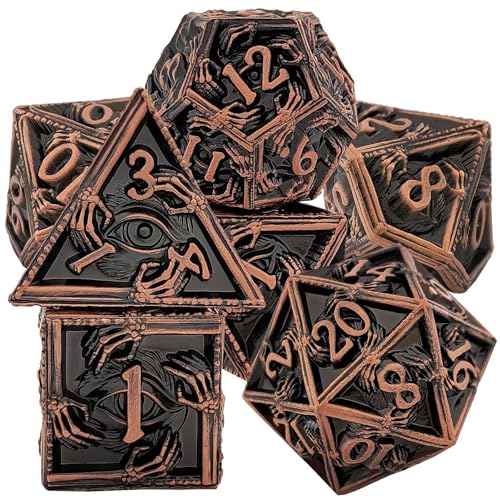 7PCS Solid Metal DND Würfel Set, Hand Eye Schädel Rollenspiel D&D Würfel, DND Metall Würfel Set, Polyeder Metall Würfel Set für Pathfinder Warhammer RPG Brettspiele Vintage Bronze von YlobdolY