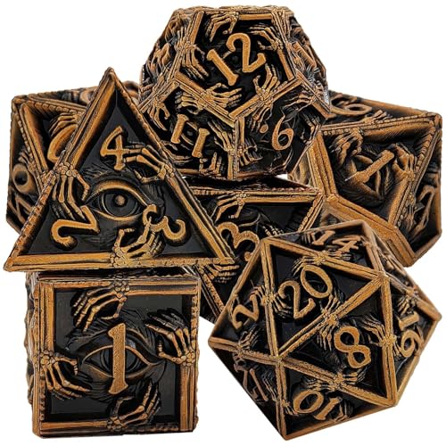 7PCS Solid Metal DND Würfel Set, Hand Eye Schädel Rollenspiel D&D Würfel, DND Metall Würfel Set, Polyeder Metall Würfel Set für Pathfinder Warhammer RPG Brettspiele Vintage Golden von YlobdolY