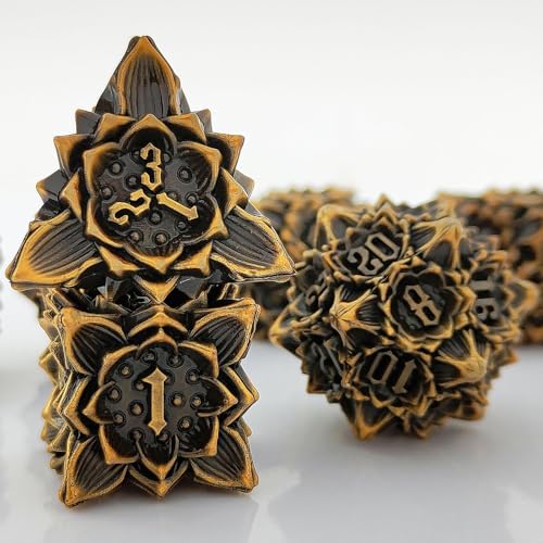 7PCS Solid Metal DND Würfel Set, Lotus Blume Rollenspiel D&D Würfel, DND Metall Würfel Set, Polyeder Metall Würfel Set für Pathfinder Warhammer RPG Brettspiele Bronze von YlobdolY