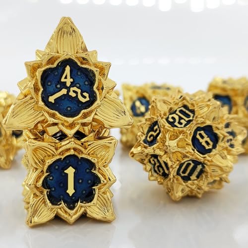 7PCS Solid Metal DND Würfel Set, Lotus Blume Rollenspiel D&D Würfel, DND Metall Würfel Set, Polyeder Metall Würfel Set für Pathfinder Warhammer RPG Brettspiele Golden Blue von YlobdolY