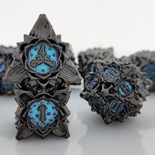 7PCS Solid Metal DND Würfel Set, Lotus Blume Rollenspiel D&D Würfel, DND Metall Würfel Set, Polyeder Metall Würfel Set für Pathfinder Warhammer RPG Brettspiele Schwarz Blau von YlobdolY