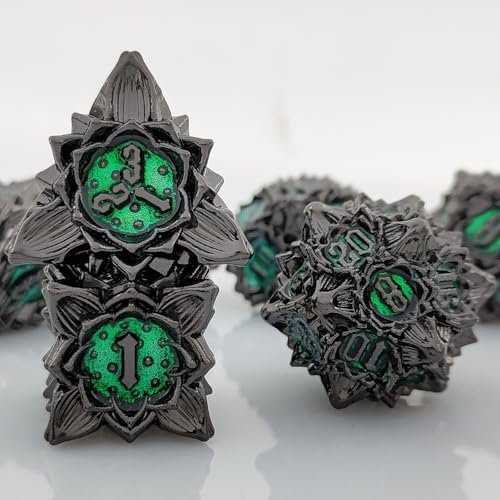 7PCS Solid Metal DND Würfel Set, Lotus Blume Rollenspiel D&D Würfel, DND Metall Würfel Set, Polyeder Metall Würfel Set für Pathfinder Warhammer RPG Brettspiele Schwarz Grün von YlobdolY