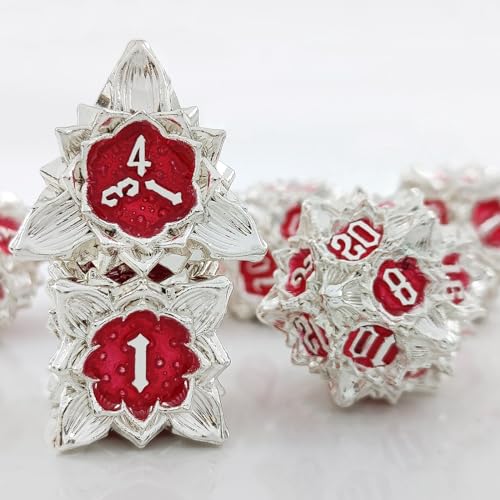 7PCS Solid Metal DND Würfel Set, Lotus Blume Rollenspiel D&D Würfel, DND Metall Würfel Set, Polyeder Metall Würfel Set für Pathfinder Warhammer RPG Brettspiele Silber Rot von YlobdolY