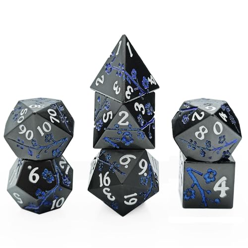 7PCS Solid Metal DND Würfel Set, Pflaume Blume Rollenspiel D&D Würfel, DND Metall Würfel Set, Polyeder Metall Würfel Set für Pathfinder Warhammer RPG Brettspiele Schwarz von YlobdolY