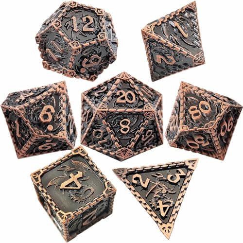 7PCS Solid Metal DND Würfel Set, Rollenspiel D&D Würfel, Ankerkette DND Metall Würfel Set, Polyeder Metall Würfel Set für Pathfinder Warhammer RPG Brettspiele Bronze von YlobdolY