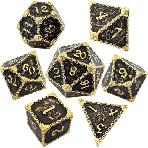 7PCS Solid Metal DND Würfel Set, Rollenspiel D&D Würfel, Ankerkette DND Metall Würfel Set, Polyeder Metall Würfel Set für Pathfinder Warhammer RPG Brettspiele Golden Black von YlobdolY