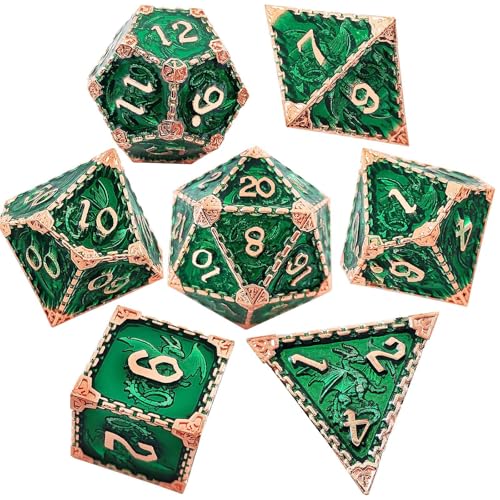 7PCS Solid Metal DND Würfel Set, Rollenspiel D&D Würfel, Ankerkette DND Metall Würfel Set, Polyeder Metall Würfel Set für Pathfinder Warhammer RPG Brettspiele Golden Green von YlobdolY