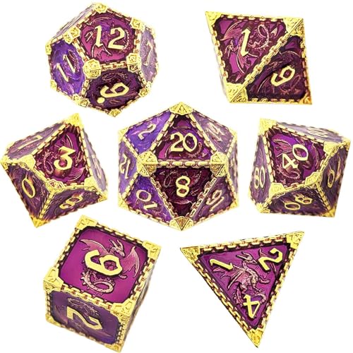 7PCS Solid Metal DND Würfel Set, Rollenspiel D&D Würfel, Ankerkette DND Metall Würfel Set, Polyeder Metall Würfel Set für Pathfinder Warhammer RPG Brettspiele Golden Purple von YlobdolY