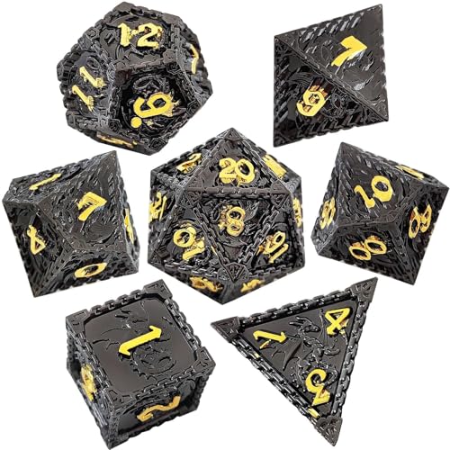 7PCS Solid Metal DND Würfel Set, Rollenspiel D&D Würfel, Ankerkette DND Metall Würfel Set, Polyeder Metall Würfel Set für Pathfinder Warhammer RPG Brettspiele Schwarz Golden von YlobdolY