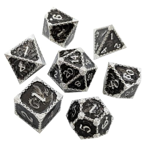 7PCS Solid Metal DND Würfel Set, Rollenspiel D&D Würfel, Ankerkette DND Metall Würfel Set, Polyeder Metall Würfel Set für Pathfinder Warhammer RPG Brettspiele Silber Schwarz von YlobdolY