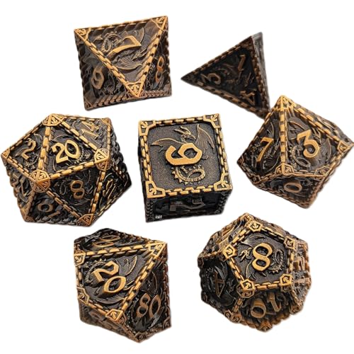 7PCS Solid Metal DND Würfel Set, Rollenspiel D&D Würfel, Ankerkette DND Metall Würfel Set, Polyeder Metall Würfel Set für Pathfinder Warhammer RPG Brettspiele Vintage Golden von YlobdolY