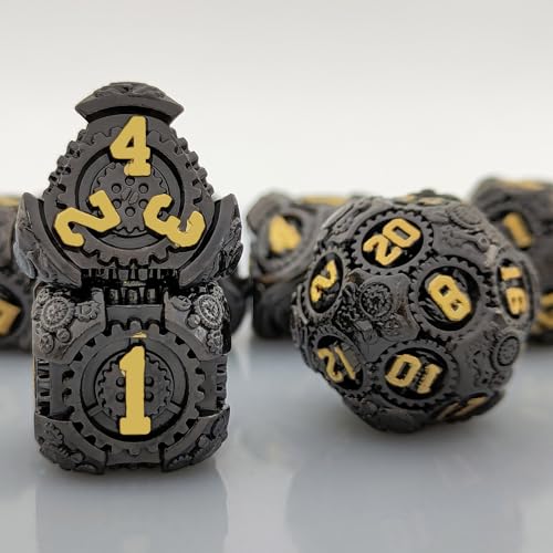 7PCS Solid Metal DND Würfel Set, Rollenspiel D&D Würfel, DND Metall Industrial Gear Würfel Set, Polyeder Metall Würfel Set für Pathfinder Warhammer RPG Brettspiele Schwarz Golden von YlobdolY