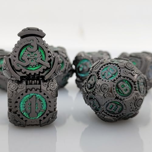 7PCS Solid Metal DND Würfel Set, Rollenspiel D&D Würfel, DND Metall Industrial Gear Würfel Set, Polyeder Metall Würfel Set für Pathfinder Warhammer RPG Brettspiele Schwarz Grün von YlobdolY