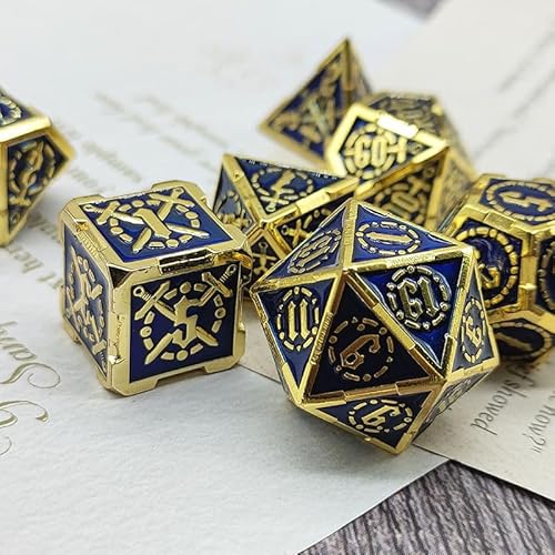 7PCS Solid Metal DND Würfel Set, Schwert Muster Rollenspiel D&D Würfel, DND Metall Würfel Set, Polyedrische Metall Würfel Set für Pathfinder Warhammer RPG Brettspiele Golden Blue von YlobdolY