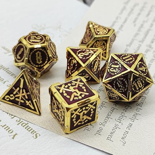 7PCS Solid Metal DND Würfel Set, Schwert Muster Rollenspiel D&D Würfel, DND Metall Würfel Set, Polyedrische Metall Würfel Set für Pathfinder Warhammer RPG Brettspiele Golden Purple von YlobdolY