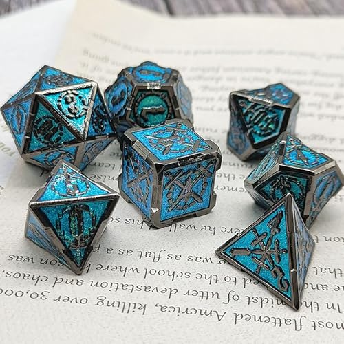 7PCS Solid Metal DND Würfel Set, Schwert Muster Rollenspiel D&D Würfel, DND Metall Würfel Set, Polyedrische Metall Würfel Set für Pathfinder Warhammer RPG Brettspiele Schwarz Blau von YlobdolY