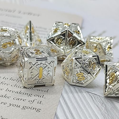 7PCS Solid Metal DND Würfel Set, Schwert Muster Rollenspiel D&D Würfel, DND Metall Würfel Set, Polyedrische Metall Würfel Set für Pathfinder Warhammer RPG Brettspiele Silber Gelb von YlobdolY