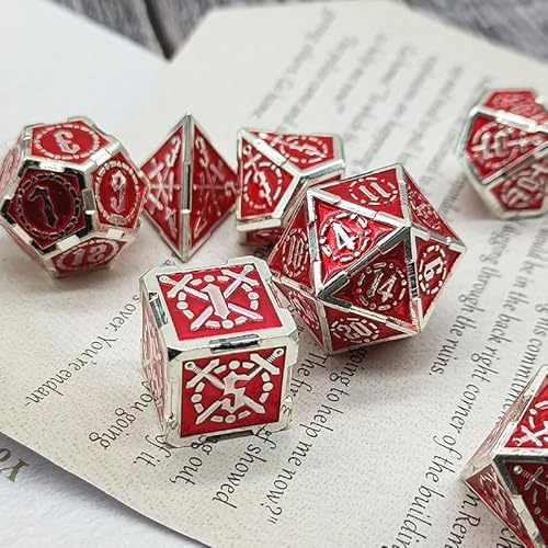 7PCS Solid Metal DND Würfel Set, Schwert Muster Rollenspiel D&D Würfel, DND Metall Würfel Set, Polyedrische Metall Würfel Set für Pathfinder Warhammer RPG Brettspiele Silber Rot von YlobdolY