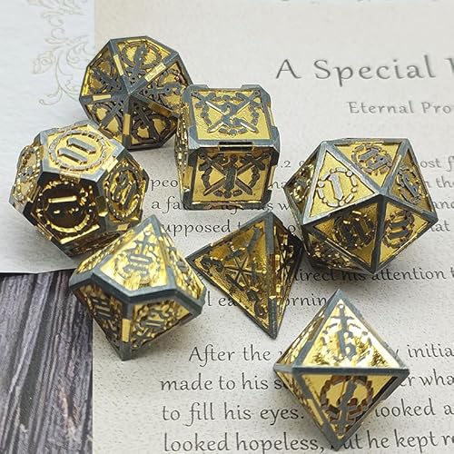 7PCS Solid Metal DND Würfel Set, Schwert gemusterte Rolle Spielen D&D Würfel, DND Metall Würfel Set, Polyedrische Metall Würfel Set für Pathfinder Warhammer RPG Brettspiele Vintage Golden von YlobdolY