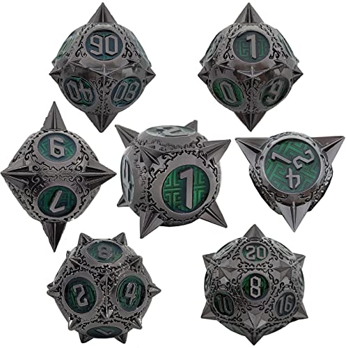 7PCS Solid Metal DND Würfel Set, Wolkenmuster Rollenspiel D&D Würfel, DND Metall Würfel Set, Polyeder Metall Würfel Set für Pathfinder Warhammer RPG Brettspiele Schwarz Grün von YlobdolY