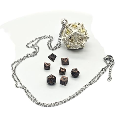 DND Mini Metallwürfel mit D20 Hohl fliegendem Drachen und D&D Antiker Metallwürfelbox, tragbar, Silber und Gold, 7 Stück von YlobdolY