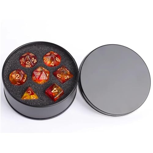 DND Würfel Set mit Box, 7PCS Acryl Polyeder Nebel Würfel Set für Dungeon und Drachen D&D RPG Rollenspiel Spiele Würfel D20 D12 D10 D% D8 D6 D4 Rot Gelb von YlobdolY