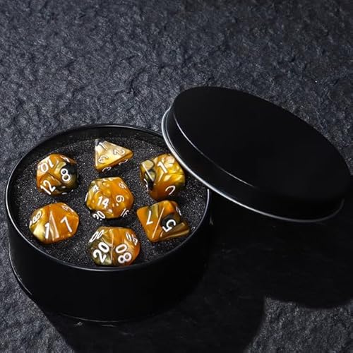 DND Würfel Set mit Box, 7PCS Polyeder Marmor Muster Würfel Set für Dungeon und Drachen D&D RPG Rollenspiel Spiele Würfel D20 D12 D10 D% D8 D6 D4 Grau Gelb von YlobdolY