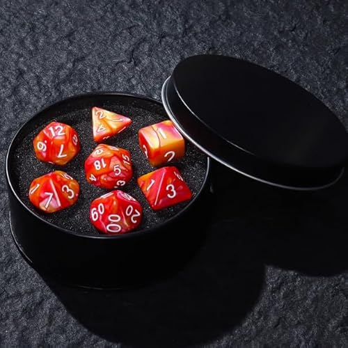 DND Würfel Set mit Box, 7PCS Polyeder Marmor Muster Würfel Set für Dungeon und Drachen D&D RPG Rollenspiel Spiele Würfel D20 D12 D10 D% D8 D6 D4 Rot Gelb von YlobdolY