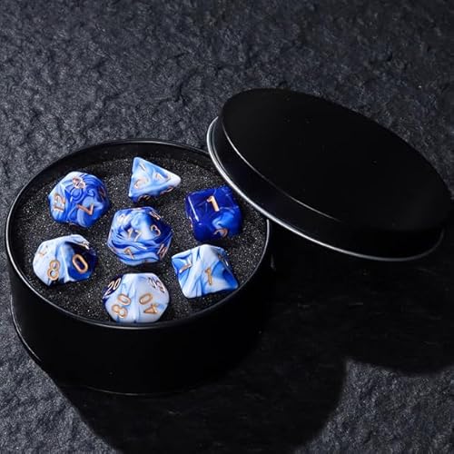 DND Würfel Set mit Box, 7PCS Polyeder Marmor Muster Würfel Set für Dungeon und Drachen D&D RPG Rollenspiel Spiele Würfel D20 D12 D10 D% D8 D6 D4 Weiß Blau von YlobdolY