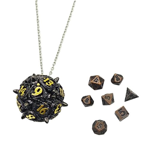 Mini-DND-Würfel-Set aus Metall mit Drachenhorn, hohl, D20-Kette, antikes kleines Metallwürfel-Set, D&D, tragbar, 7-teiliges Würfel-Set, goldschwarz von YlobdolY