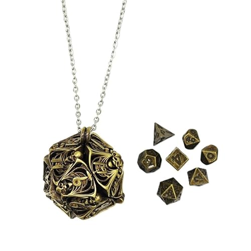 Mini-DND-Würfel-Set aus Metall mit Totenkopf, hohl, D20-Kette, antikes kleines Metallwürfel-Set, D&D, tragbar, 7-teiliges Würfel-Set, Bronze von YlobdolY