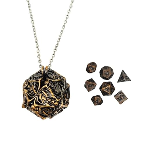 Mini-DND-Würfel-Set aus Metall mit Totenkopf, hohl, D20-Kette, antikes kleines Metallwürfel-Set, D&D, tragbar, 7-teiliges Würfel-Set, Kupfer von YlobdolY