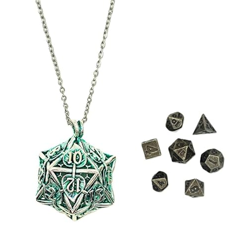 Mini Metall DND Würfel Set Mit Blatt Hohl D20 Halskette Würfel Fall Antike Tiny Metall Würfel Set D&D Portable 7PCS Würfel Set Silber Grün von YlobdolY