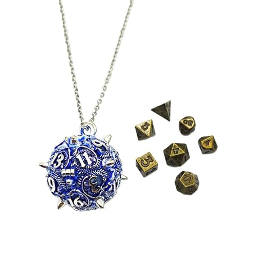 Mini Metall DND Würfel Set Mit Drachenhorn Hohl D20 Halskette Würfel Fall Antike Tiny Metall Würfel Set D&D Tragbare 7PCS Würfel Set Silber Blau von YlobdolY