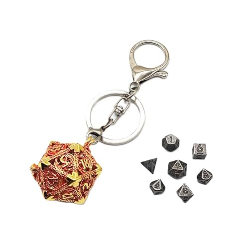 Mini Metall DND Würfel Set Mit Flying Dragon Hohl D20 Schlüsselanhänger Würfel Fall Antike Tiny Metall Würfel Set D&D Tragbare 7PCS Würfel Set Golden Red von YlobdolY