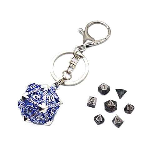 Mini Metall DND Würfel Set Mit Flying Dragon Hohl D20 Schlüsselanhänger Würfel Fall Antike Tiny Metall Würfel Set D&D Tragbare 7PCS Würfel Set Silber Blau von YlobdolY