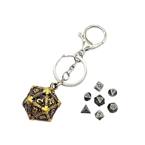 Mini Metall DND Würfel Set mit fliegenden Drachen Hohl D20 Schlüsselanhänger Würfel Fall Antike winzige Metall Würfel Set D&D Portable 7PCS Würfel Set Vintage Golden von YlobdolY