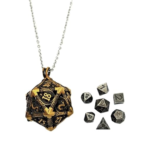 Mini Metall DND Würfel Set mit fliegenden Drachen Hohl D20 Würfel Halskette Fall Antike winzige Metall Würfel Set D&D Portable 7PCS Würfel Set Vintage Golden von YlobdolY