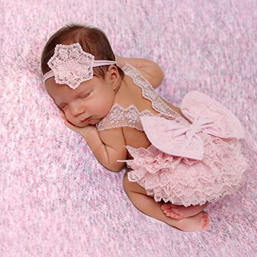 Ylsteed Neugeborenen Fotografie Requisiten, Baby Fotoshooting Kostüme Set，Baby Foto Prop Outfits mit Stirnband Baby Spitze Strampler Kleidung Foto Babybekleidung Outfits Baby Fotografie Zubehör-Rosa von Ylsteed