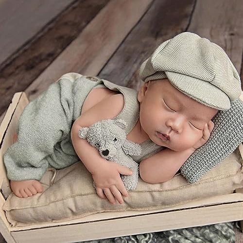 Ylsteed Neugeborenen Fotografie Requisiten Baby Fotografie Outfits Hosenträger Overall Hosen und Baskenmütze Hut Set Baby Fotografie Anzug Neugeborenen Kostüm Fotografie Kleidung für Mädchen Jungen von Ylsteed