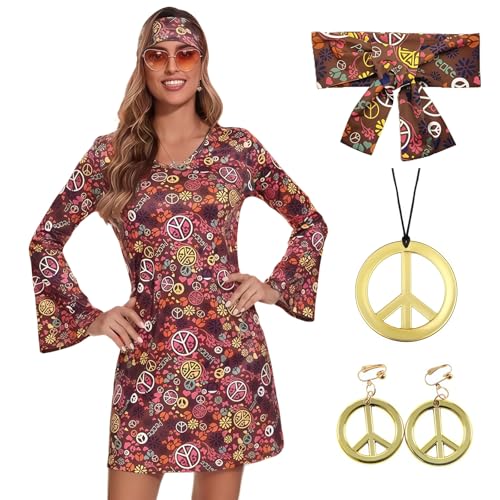 Ymoryiyi 70er & 60er Jahre Hippie Kleid Damen – Retro-Kostüm Set XXL mit Stirnband, Peace-Zeichen Schmuck (Halskette & Ohrringe) für Motto-Party, Karneval, Halloween & Disco von Ymoryiyi