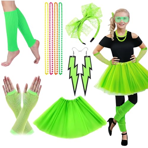 Ymoryiyi 80er 90er Jahre Damen Neon Outfit Komplettset - Madonna Kostüm mit Tutu Rock, 4 Halsketten, Blitz Ohrringen, Netzhandschuhen & Stirnband in Leuchtendem Grün für Karneval, 80er Party & Cosplay von Ymoryiyi