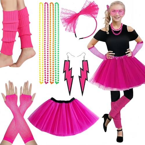 Ymoryiyi 80er 90er Jahre Outfit Damen Neon Kostüm Set mit Tutu, Netzhandschuhen, Stirnband, Ohrringen & Beinstulpen - Pinkes 80er Jahre Party Kostüm für Karneval, Fasching & Cosplay von Ymoryiyi